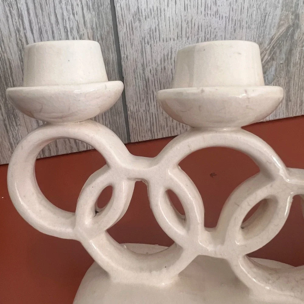 Vintage Japan Ceramic Triple Taper Candle Holder‎ Cream Interlocking Rings 4.5